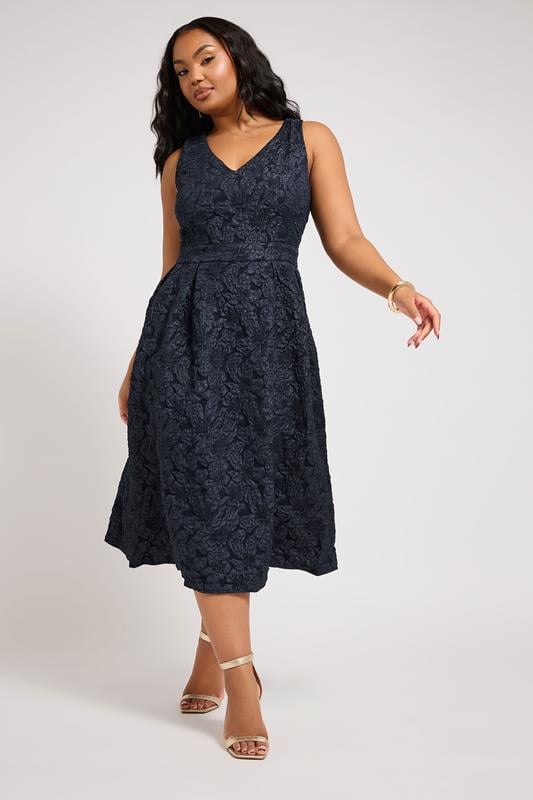 Evans YOURS LONDON Curve Navy Blue Floral Jacquard Prom Skater Dress