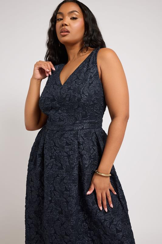 Evans YOURS LONDON Curve Navy Blue Floral Jacquard Prom Skater Dress