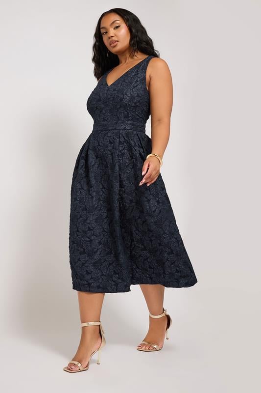 evans YOURS LONDON Curve Navy Blue Floral Jacquard Prom Skater Dress