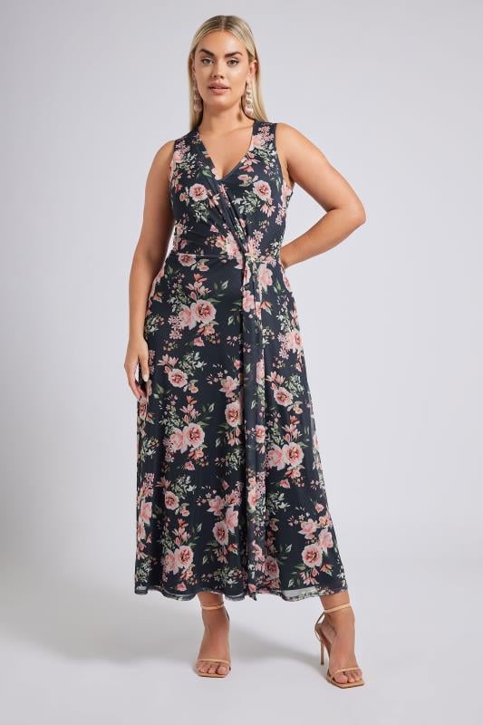 Evans YOURS LONDON Curve Navy Blue Floral Mesh Draped Maxi Dress
