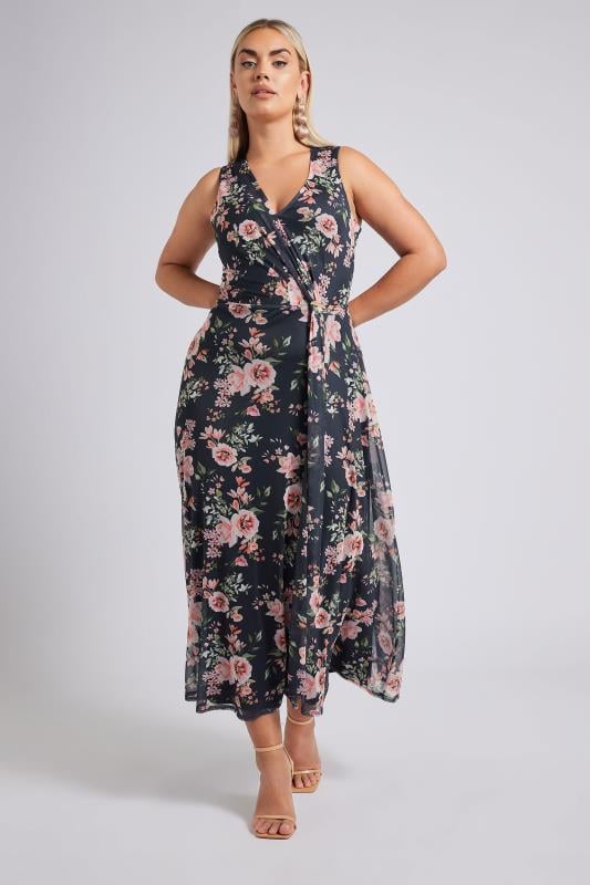 Evans YOURS LONDON Curve Navy Blue Floral Mesh Draped Maxi Dress