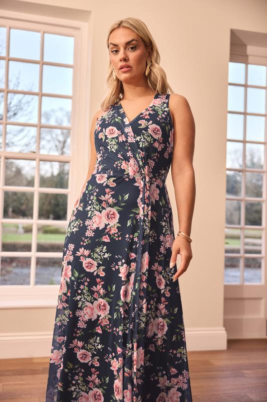 evans YOURS LONDON Curve Navy Blue Floral Mesh Draped Maxi Dress