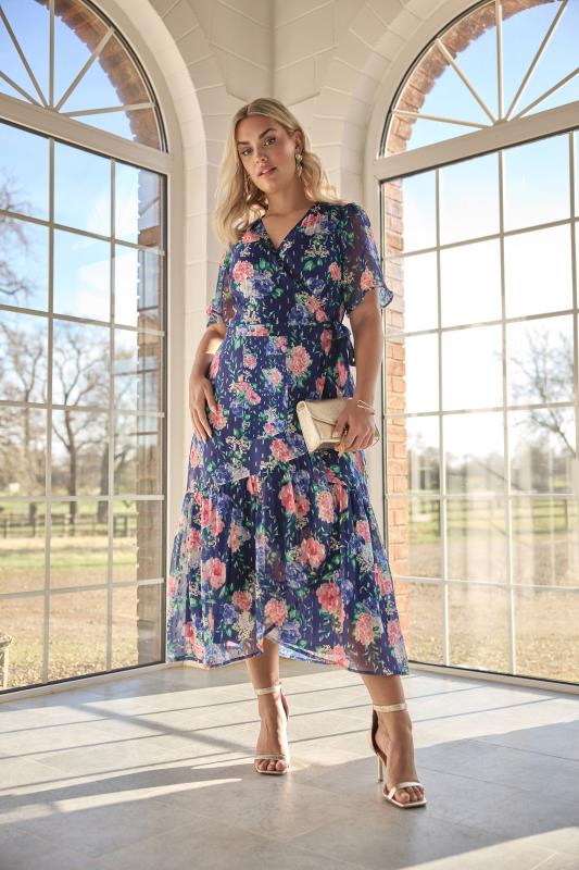Evans YOURS LONDON Curve Navy Blue Floral Metallic Wrap Dress