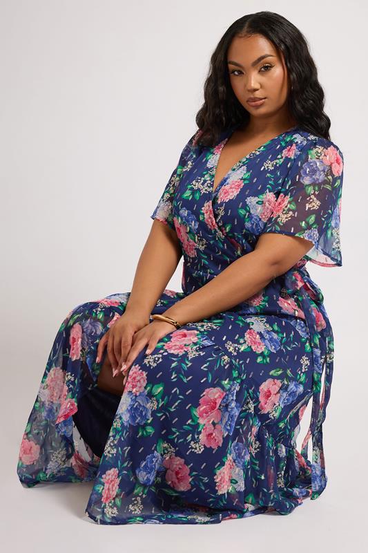 Evans YOURS LONDON Curve Navy Blue Floral Metallic Wrap Dress