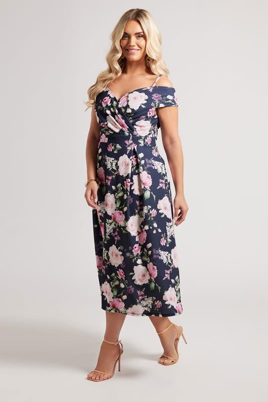 Evans YOURS LONDON Curve Navy Blue Floral Print Cold Shoulder Dress