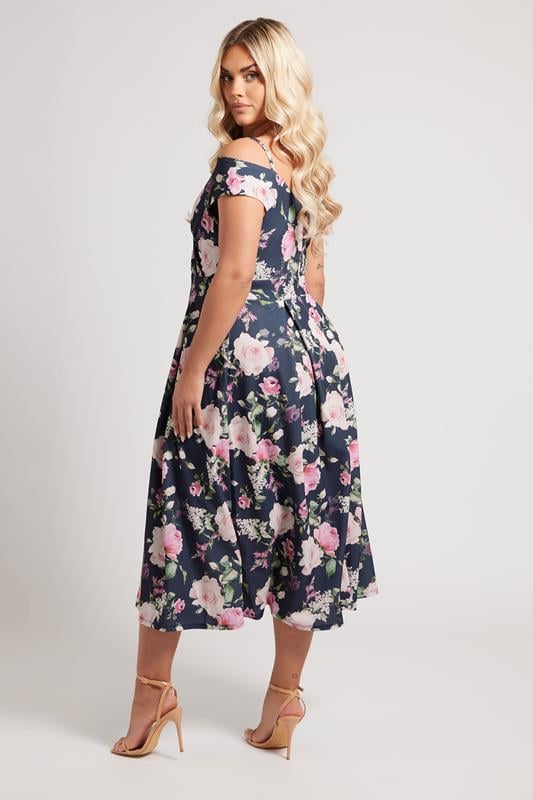 Evans YOURS LONDON Curve Navy Blue Floral Print Cold Shoulder Dress