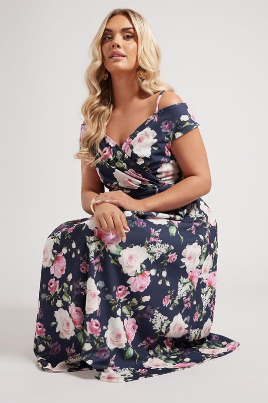 Evans YOURS LONDON Curve Navy Blue Floral Print Cold Shoulder Dress