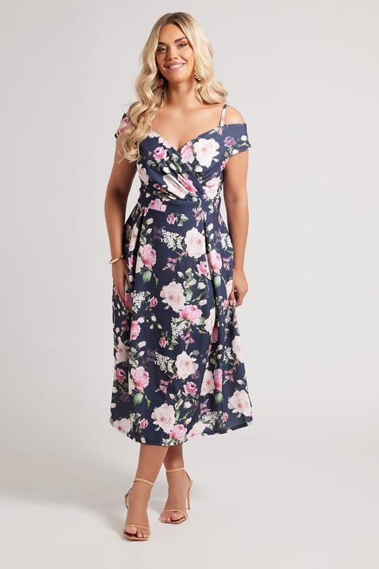 evans YOURS LONDON Curve Navy Blue Floral Print Cold Shoulder Dress