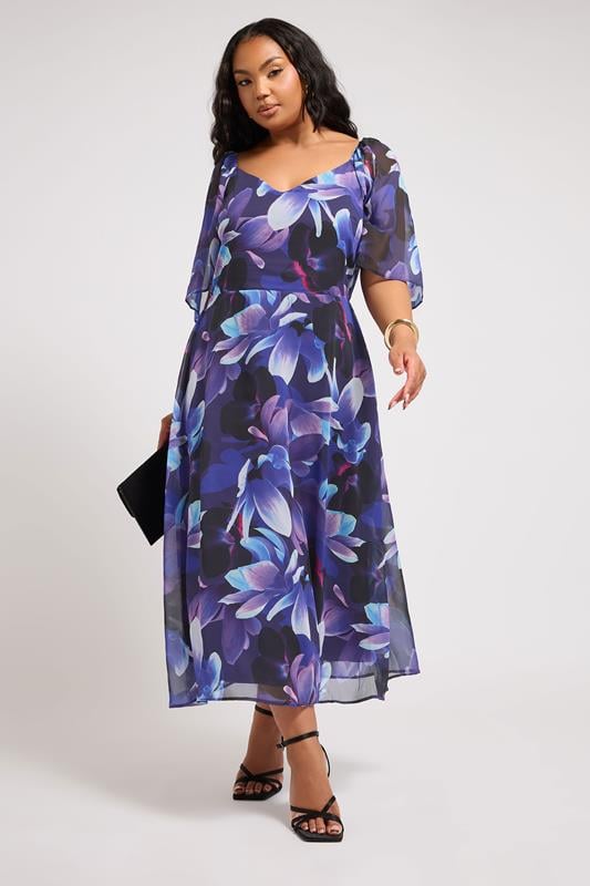 Evans YOURS LONDON Curve Navy Blue Floral Print V-Neck Maxi Dress