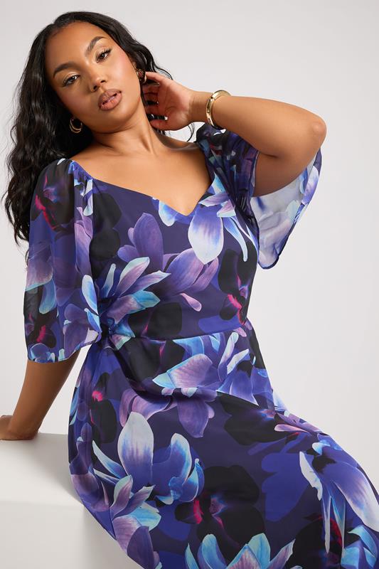 Evans YOURS LONDON Curve Navy Blue Floral Print V-Neck Maxi Dress