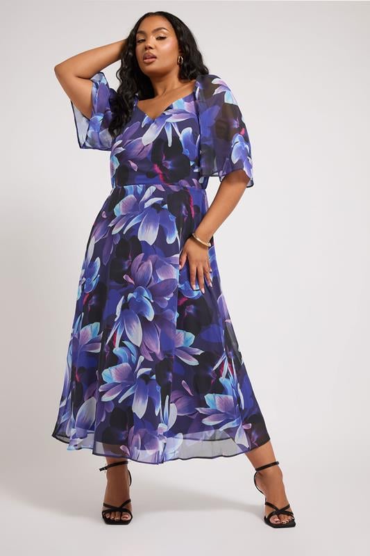 Evans YOURS LONDON Curve Navy Blue Floral Print V-Neck Maxi Dress