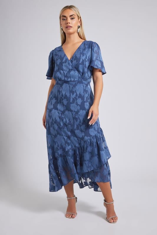 Evans YOURS LONDON Curve Navy Blue Jacquard Floral Wrap Ruffle Dress