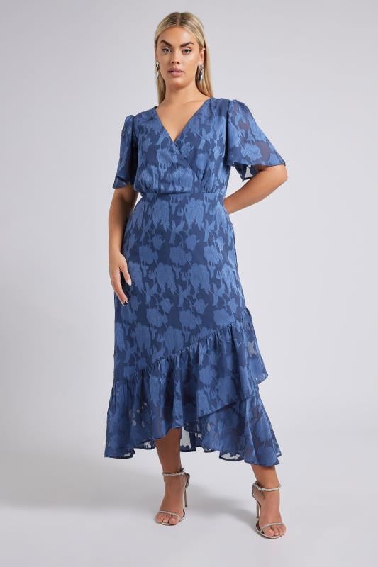 Evans YOURS LONDON Curve Navy Blue Jacquard Floral Wrap Ruffle Dress