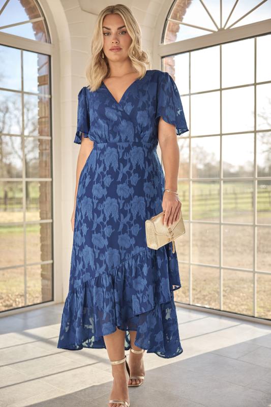 evans YOURS LONDON Curve Navy Blue Jacquard Floral Wrap Ruffle Dress