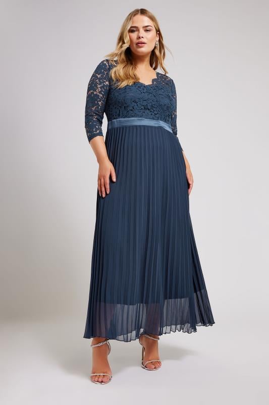 Evans YOURS LONDON Curve Navy Blue Lace Wrap Pleated Maxi Dress