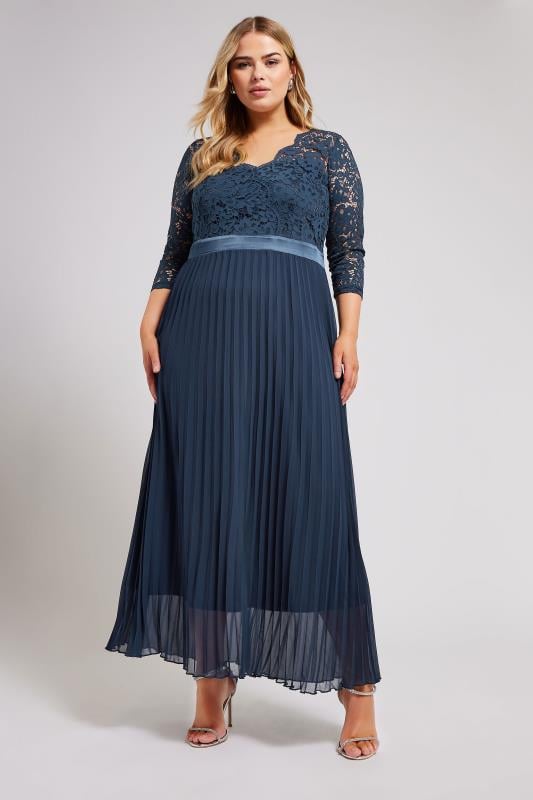 evans YOURS LONDON Curve Navy Blue Lace Wrap Pleated Maxi Dress