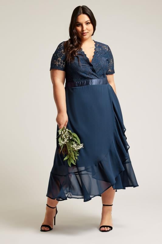 evans YOURS LONDON Curve Navy Blue Lace Wrap Ruffle Midi Dress