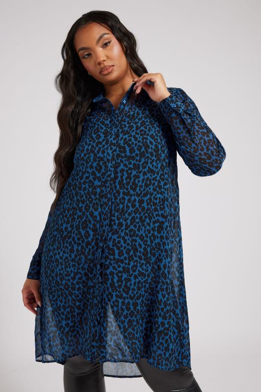 evans YOURS LONDON Curve Navy Blue Leopard Print Longline Shirt
