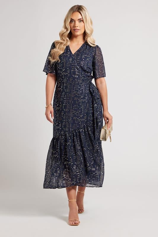 evans YOURS LONDON Curve Navy Blue Metallic Dot Wrap Dress