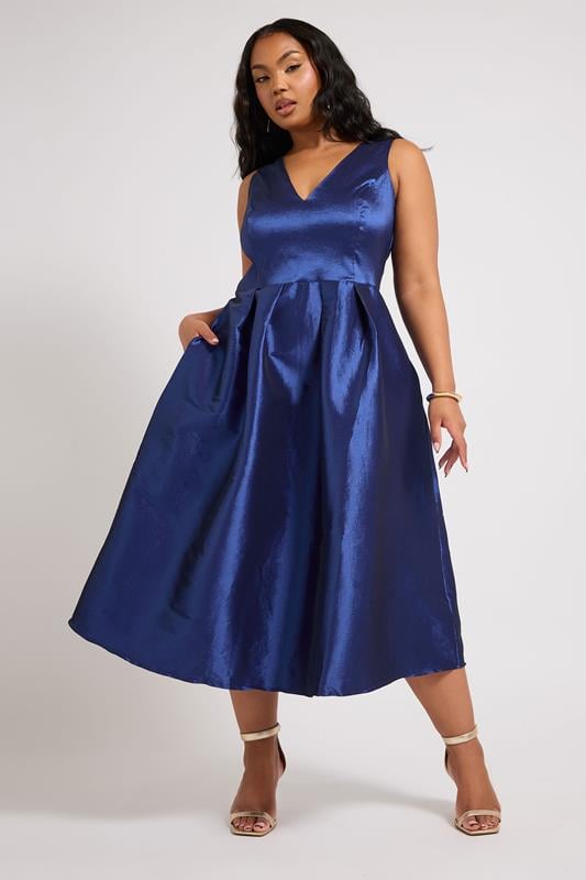 evans YOURS LONDON Curve Navy Blue Pleated V-Neck Midi Prom Dress
