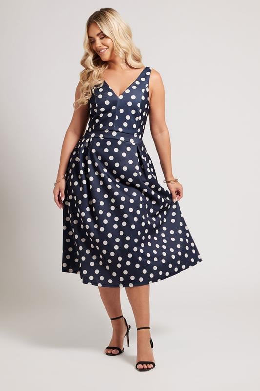 Evans YOURS LONDON Curve Navy Blue Polka Dot Pleated Midi Dress