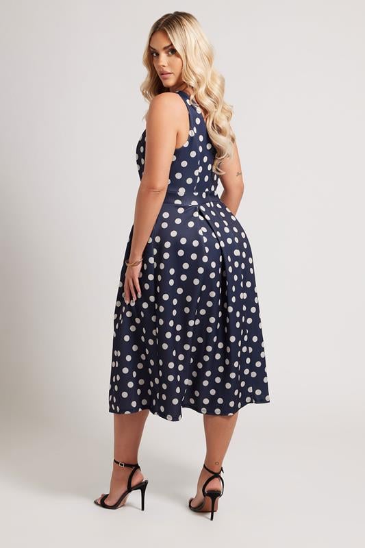 Evans YOURS LONDON Curve Navy Blue Polka Dot Pleated Midi Dress