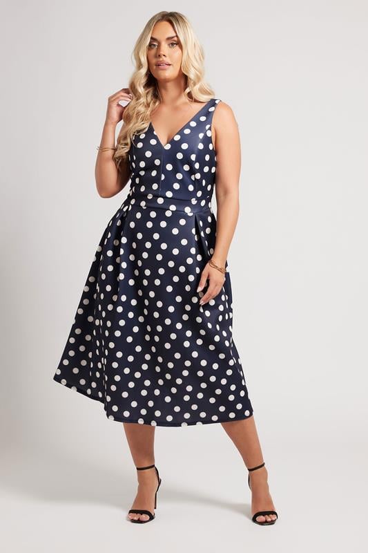 evans YOURS LONDON Curve Navy Blue Polka Dot Pleated Midi Dress