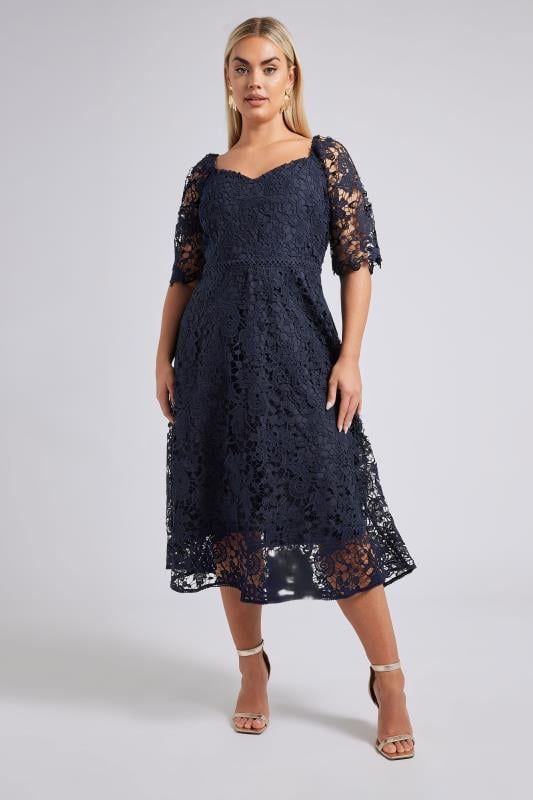 Evans YOURS LONDON Curve Navy Blue Premium Crochet Lace Dress