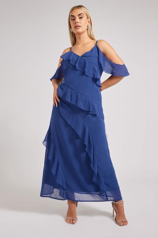 Evans YOURS LONDON Curve Navy Blue Ruffle Cold Shoulder Dress