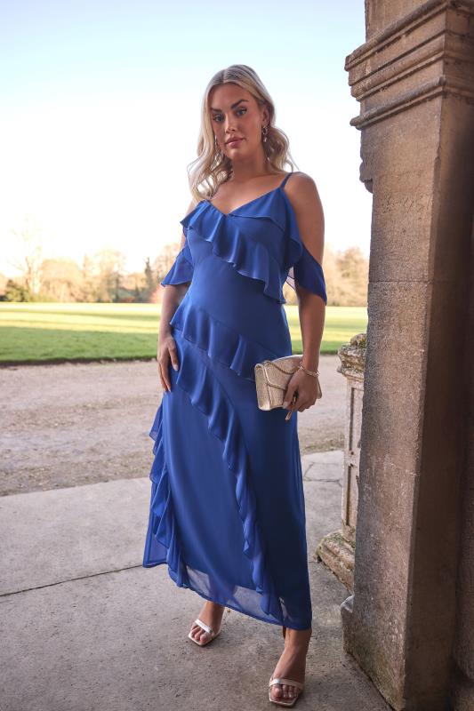 evans YOURS LONDON Curve Navy Blue Ruffle Cold Shoulder Dress