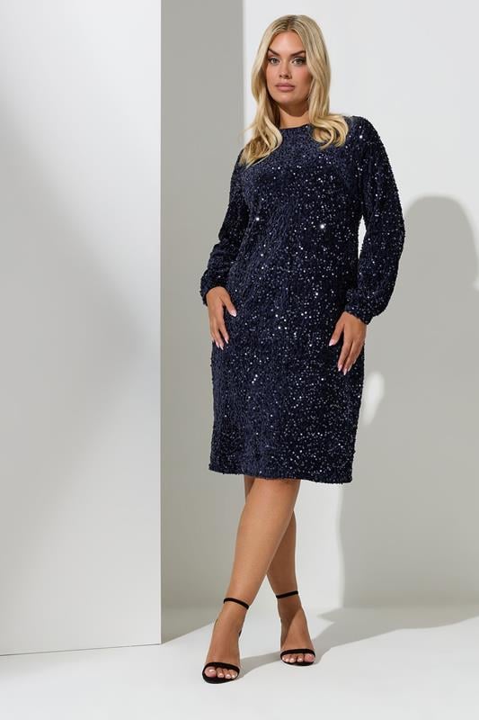 Evans YOURS LONDON Curve Navy Blue Sequin Velvet Shift Dress