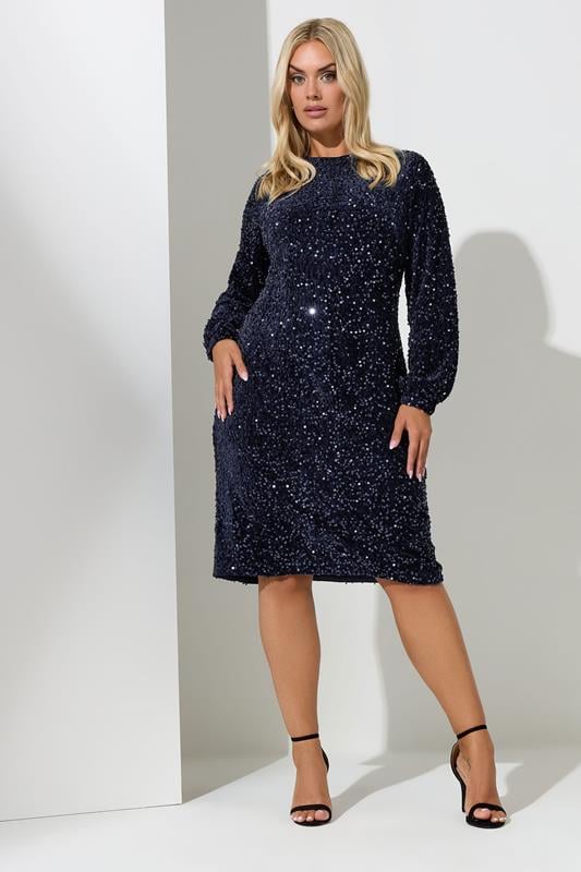 evans YOURS LONDON Curve Navy Blue Sequin Velvet Shift Dress