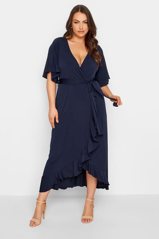 Evans YOURS LONDON Curve Navy Blue Short Sleeve Ruffle Wrap Maxi Dress