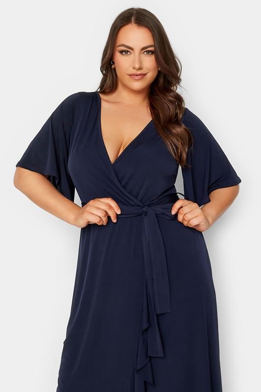 Evans YOURS LONDON Curve Navy Blue Short Sleeve Ruffle Wrap Maxi Dress