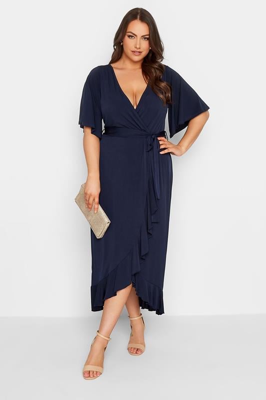 evans YOURS LONDON Curve Navy Blue Short Sleeve Ruffle Wrap Maxi Dress
