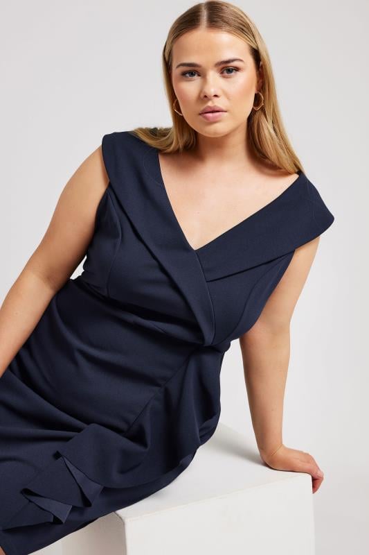 Evans YOURS LONDON Curve Navy Blue Tuxedo Style Ruffle Dress