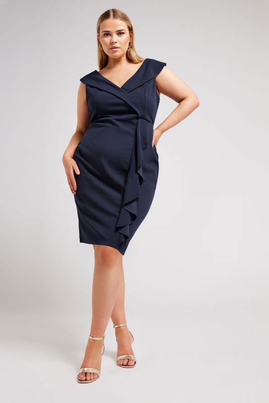Evans YOURS LONDON Curve Navy Blue Tuxedo Style Ruffle Dress