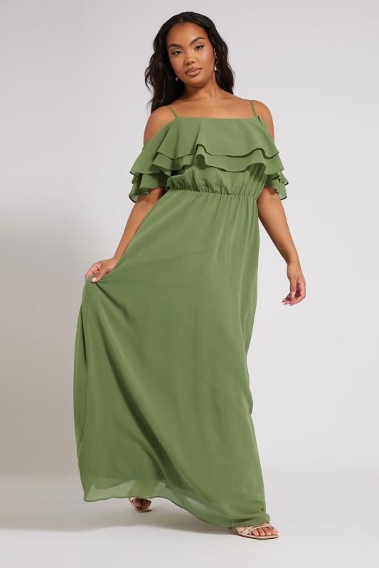 Evans YOURS LONDON Curve Olive Green Frill Cold Shoulder Maxi Dress