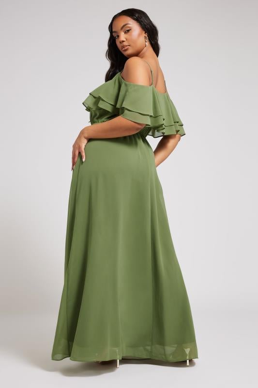 Evans YOURS LONDON Curve Olive Green Frill Cold Shoulder Maxi Dress