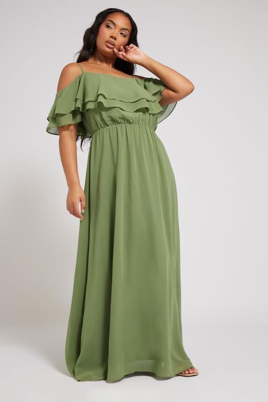 evans YOURS LONDON Curve Olive Green Frill Cold Shoulder Maxi Dress