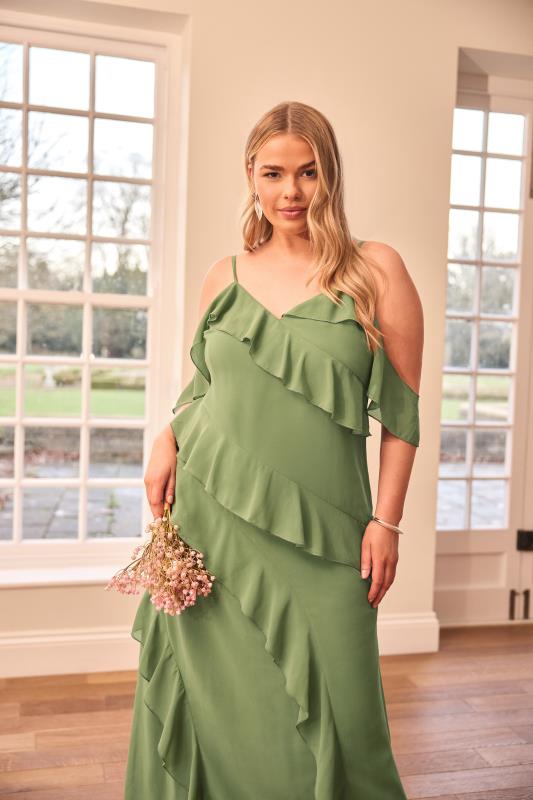 Evans YOURS LONDON Curve Olive Green Ruffle Cold Shoulder Dress