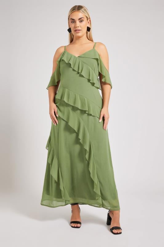 Evans YOURS LONDON Curve Olive Green Ruffle Cold Shoulder Dress