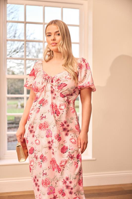 Evans YOURS LONDON Curve Pink Floral Print Puff Sleeve Midaxi Dress