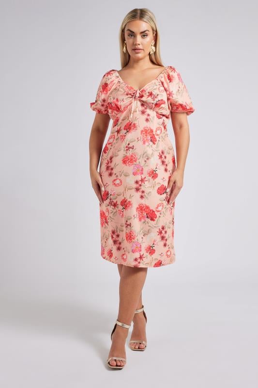 Evans YOURS LONDON Curve Pink Floral Print Puff Sleeve Midaxi Dress