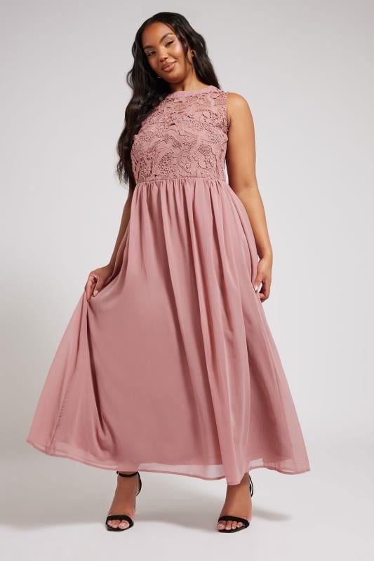 evans YOURS LONDON Curve Pink Lace Detail Chiffon Maxi Dress
