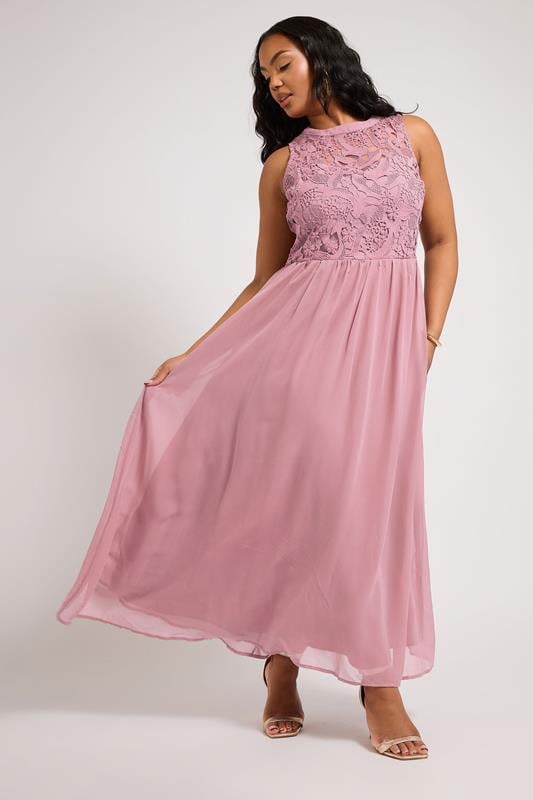 Evans YOURS LONDON Curve Pink Lace Front Chiffon Maxi Dress