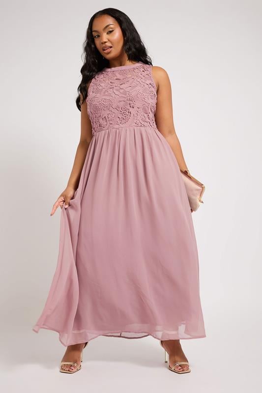 evans YOURS LONDON Curve Pink Lace Front Chiffon Maxi Dress