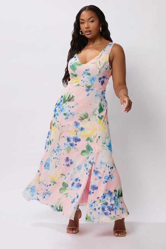 Evans YOURS LONDON Curve Pink Mesh Floral Print Sleeveless Maxi Dress