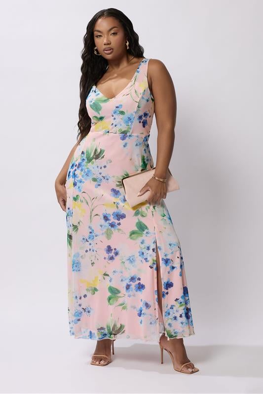 evans YOURS LONDON Curve Pink Mesh Floral Print Sleeveless Maxi Dress