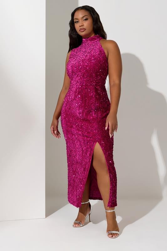 Evans YOURS LONDON Curve Pink Sequin Velvet Maxi Dress